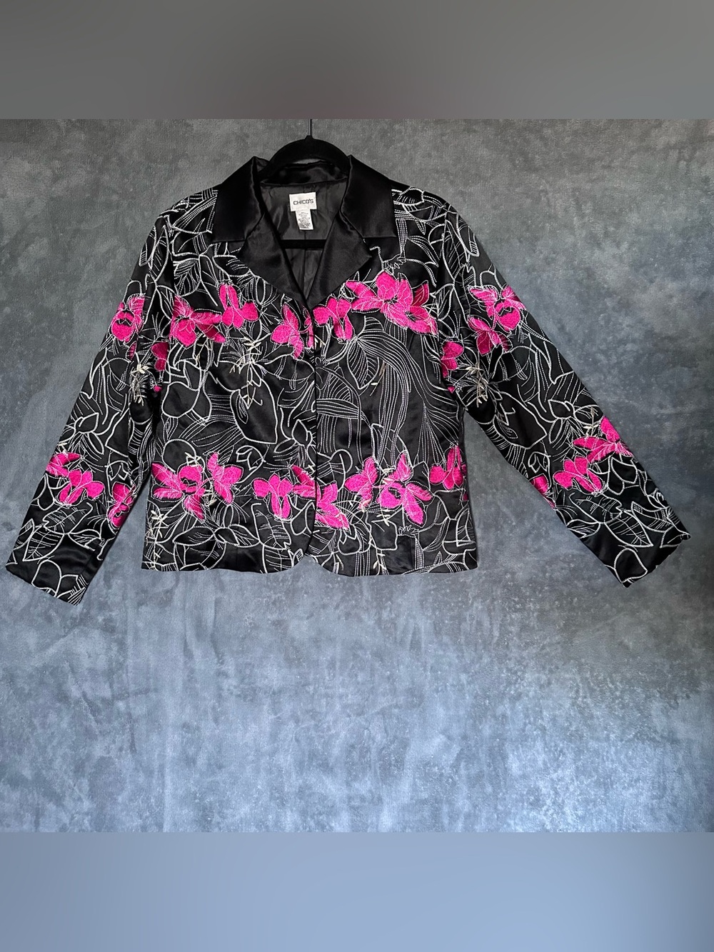 Chico's Black silk blend Jacket with Pink Floral Embroidery size 2